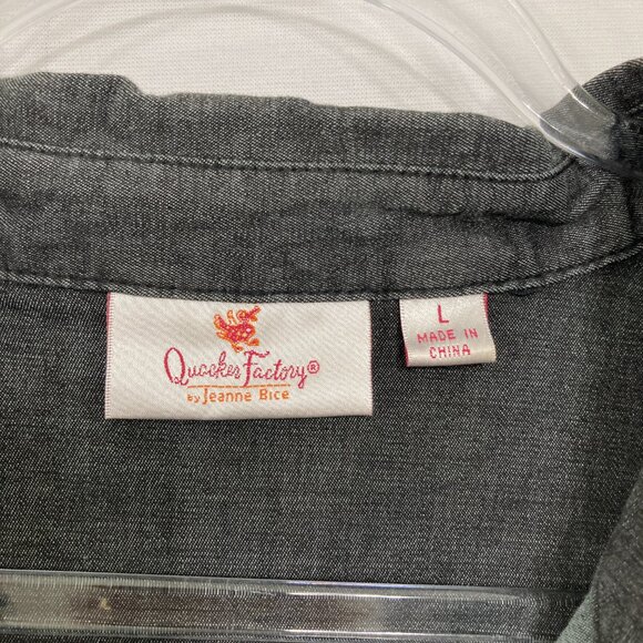 Quacker Factory Large Gray Embellished Long Sleeve Relaxed Button Down Festival - Picture 2 of 10